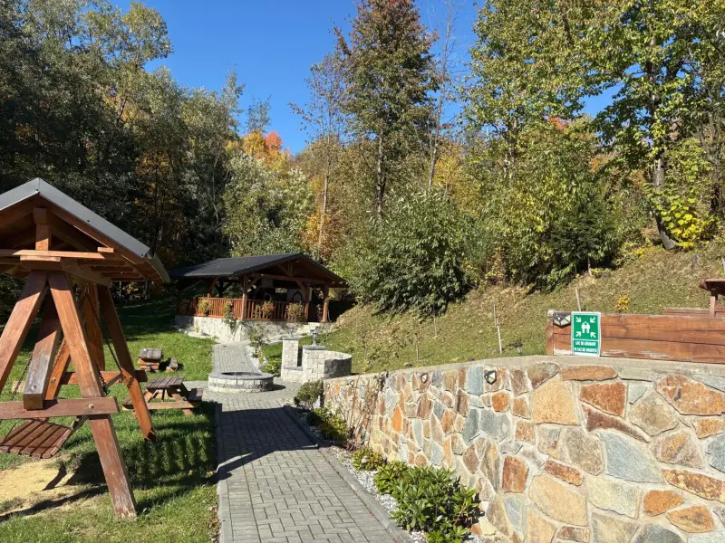 Balansoar de lemn și alee de piatră prin curte